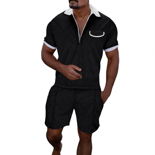 JHLZHS Fall Clothes for Men Male Casual Striped Gradient Ramp Print Two Piece Suit Zipper Short Sleeve Top Blouse Suit Drawstring Pocket Short Set Gothic Clothes for Men Pants