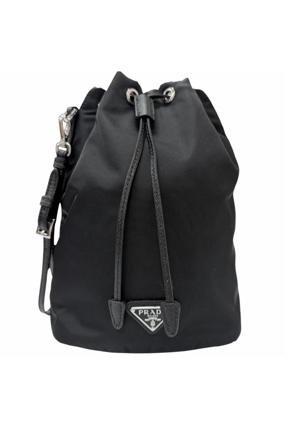 Pre-Owned PRADA 1NS369 Partially Leather Triangle Logo Re-Nylon Pouch Drawstring Bag Handbag...