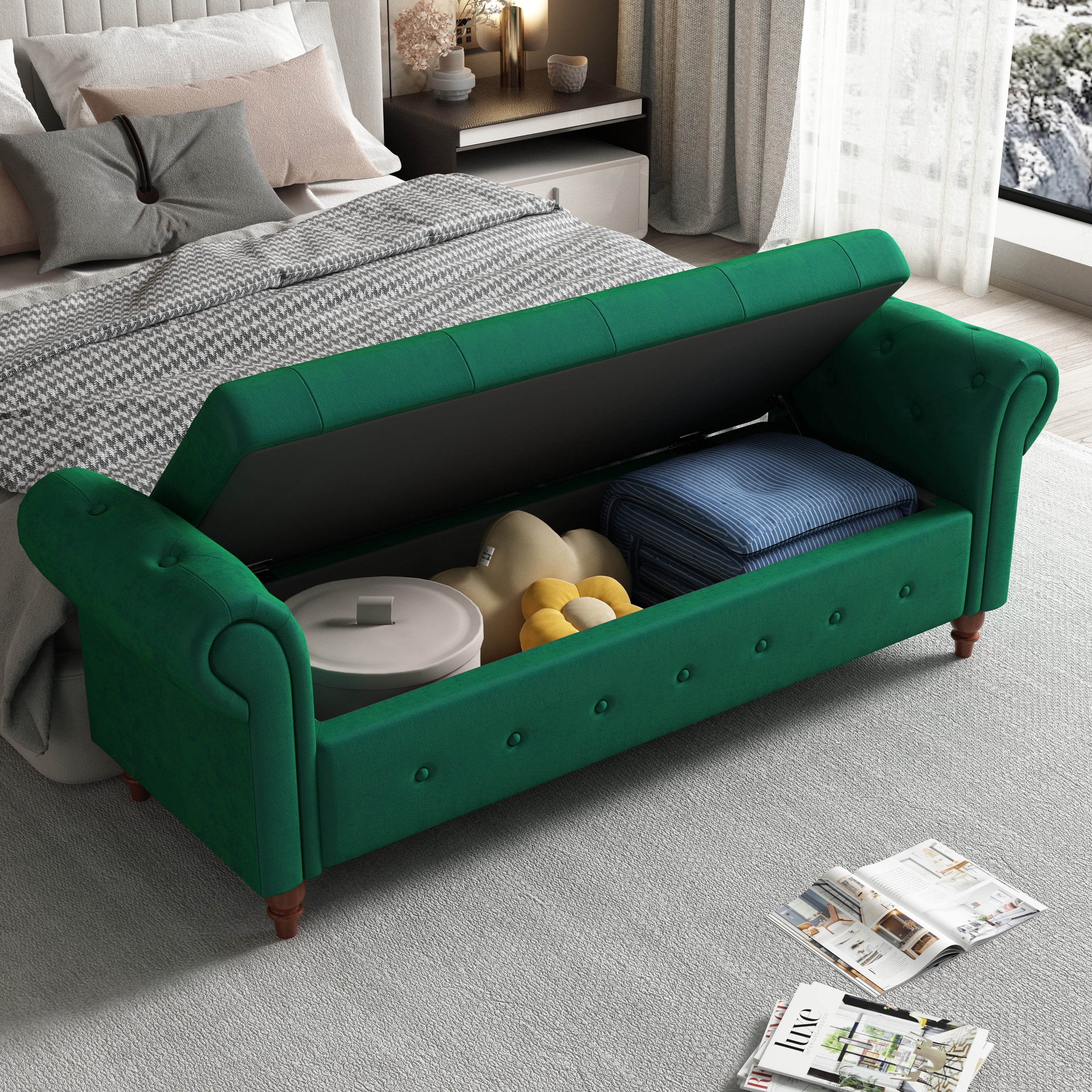 Miniyam 63" Storage Ottoman Bench with Rolled Arms, Button Tufted End of Bed Bench for Bedroom, Green