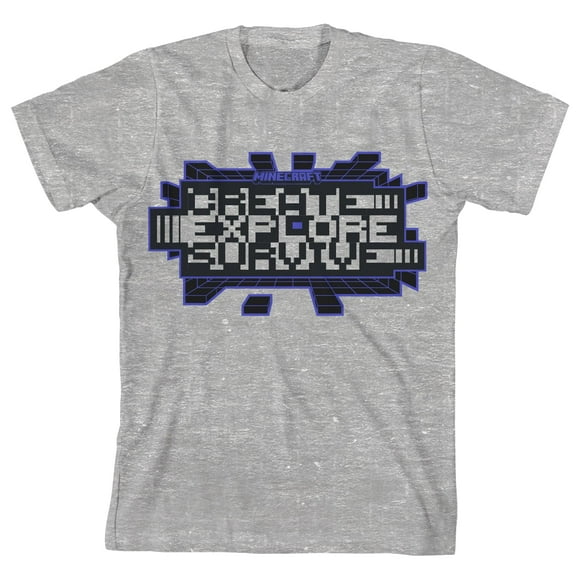 Minecraft Créer, Explorer, Survivre T-Shirt Athlétique Gris Chiné pour Garçons Jeunes avec Graphique Tendance de Conflit à Distorsion - Moyen