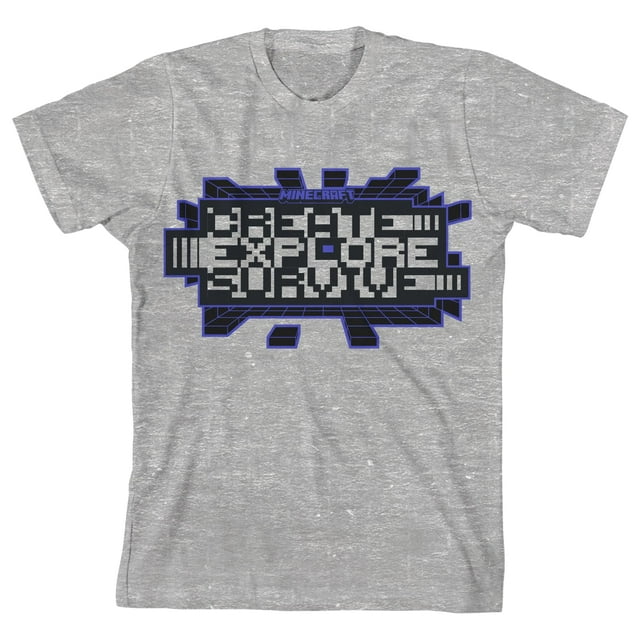 Minecraft Create, Explore, Survive Distortion Clash Trend Graphic Youth Boys Athletic Heather Gray T-Shirt-XS