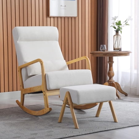Homrest Mid-Century Modern Rocking Chair with Thick Beige Cushion and Pillow  for Nursery  Living Room and Bedroom,