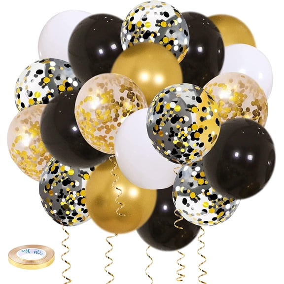 Mioerouu Black White Gold Balloons - 12 Inch Gold White and Black Confetti Balloons with Ribbons for Graduation Birthday Wedding Party Decorations