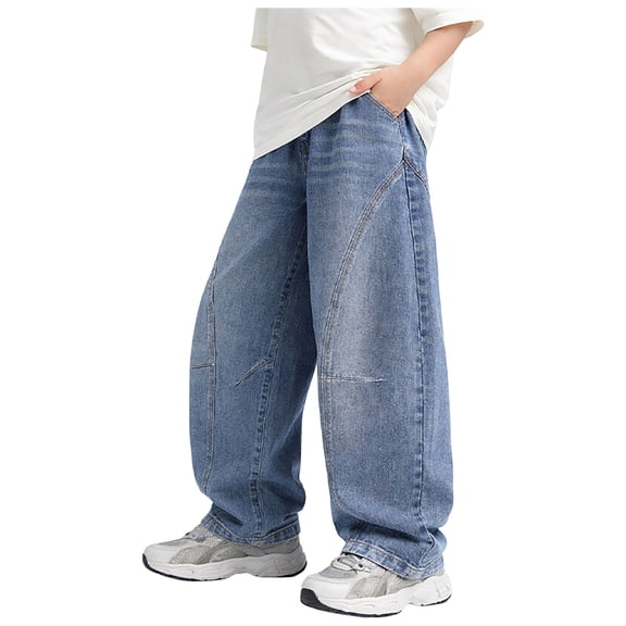 Duqingm Boy's Baggy Jeans Wide Leg Hip Hop Pants Irregular Sutures Loose Fit Trousers Streetwear (Blue,14-15 Years)