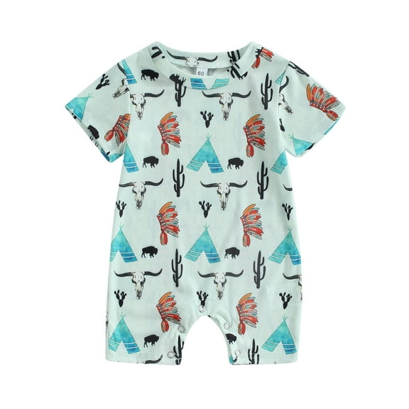 Musuos Baby Jumpsuit Western Clothes, 3 6 12 18M Summer Short Sleeve Crew Neck Cartoon Print Romper