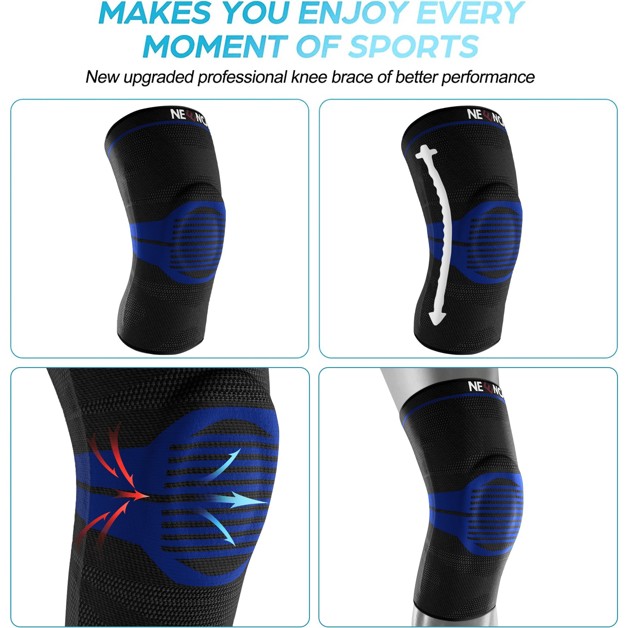 Neenca 2 Pcs Knee Brace for Men Women, Compression Knee Sleeve with Patella Gel Pad & Side Stabilizers, Knee Support Bandage for Pain Relief