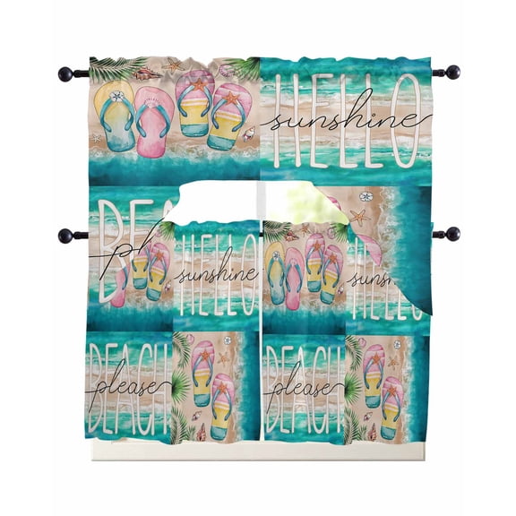 Summer Beach Kitchen Curtains Sets 24 Inch Length with Valance, Turquoise Ocean Coastal Slippers Shell Swag Valances and Tiers Curtain Set Drapes Swag Curtains for Living Room, Bathroom, Bedroom