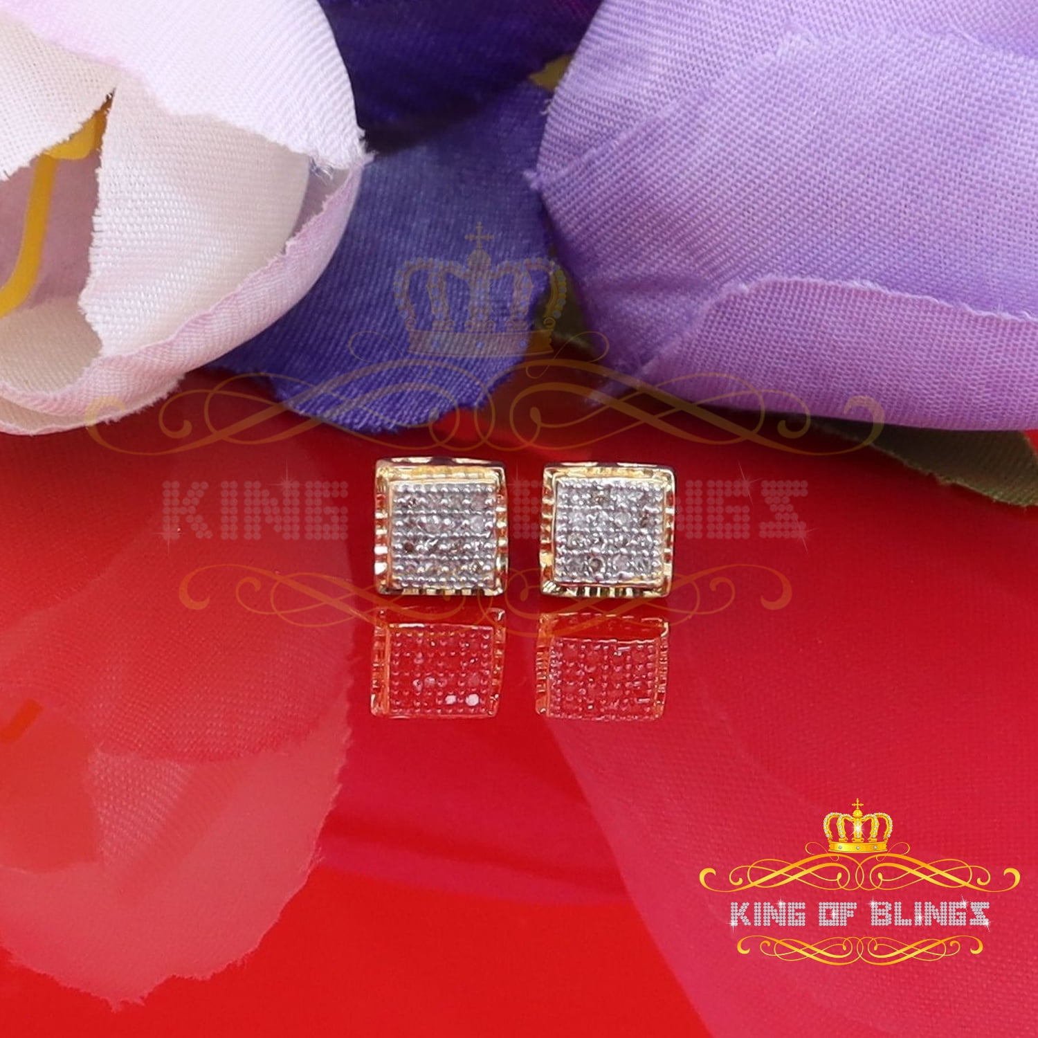 King of Bling's 925 Sterling Silver 0.10ct Small Diamond For Women's & Men's Yellow Stud Earring