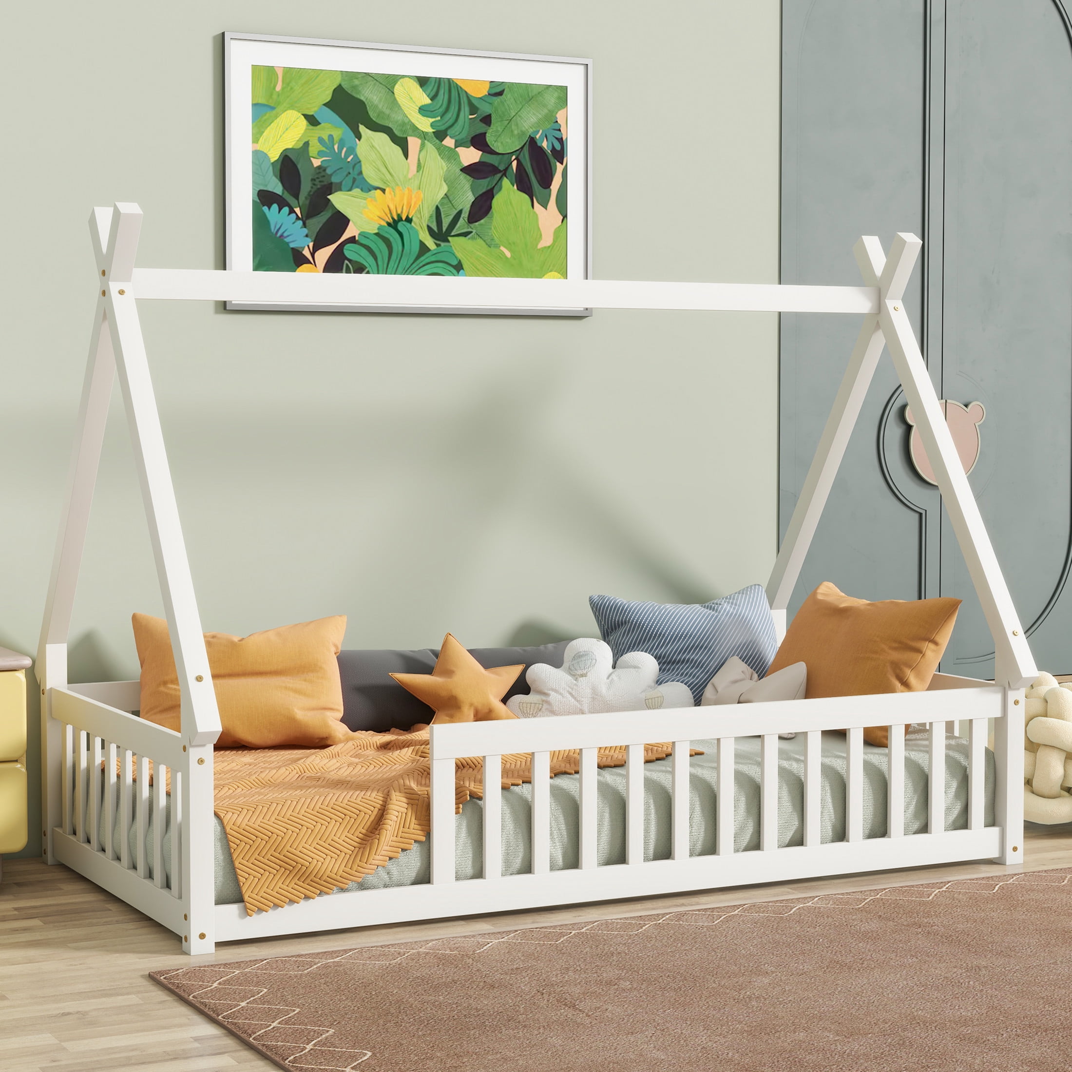 Noble House Misty Twin Teepee Floor Bed with Safety Fence, Solid Rubber Wood Tent Bed, Kid's Room, White
