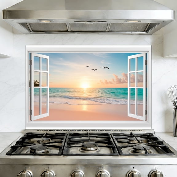 Kitchen Backsplash Peel and Stick Wall Murals Beach Ocean White Fake Window Frame Style Sunset Seascape Open Removable Mural 35.4"W x 23.6"H, Oil Proof Vinyl Wallpaper for Fireplace & Behind Stove
