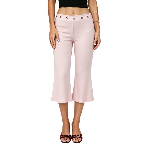 Pantalones capri para mujer, elegantes, con ojales metálicos, cintura elástica y corte acampanado.
