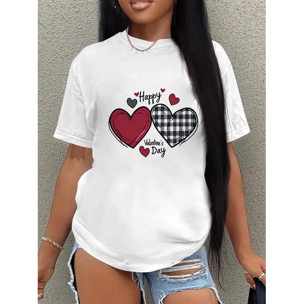 Happy Valentine's Day" Heart Print T-Shirt for Women - Casual, Easy-Care, Comfortable Polyester Blend, Mid-Stretch with Round Neckline - Perfect for Spring/Summer/Fall, Machine Washable, Valentine's
