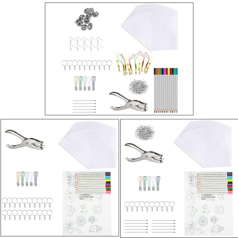 CreativeArrowy 156 Pcs Heat Shrink Plastic Sheet Kit，13 Shrink Film Sheets  Art Paper，Hole Punch，Colored Pencils and 130 Pieces Keychains and Jewelry  Making Accessories for Kids Craft 