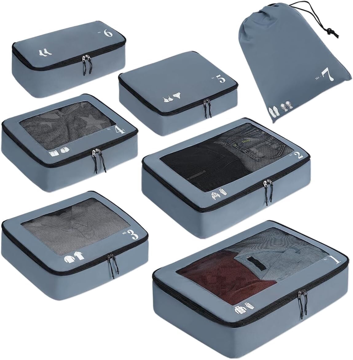 WANDF 7 Set Packing Cubes Travel Accessories,Tear-Resistant Luggage Packing Organizers with Number Icon, Machine Washable Suitcase Packing Cubes for Travel,Airplane,Camping(Grey Bag)