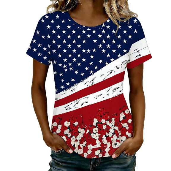 Trendfront Womens Glitter American Flag Tee 4th of July Independence Day Versatile Casual T-Shirt Crewneck Short Sleeve Tops