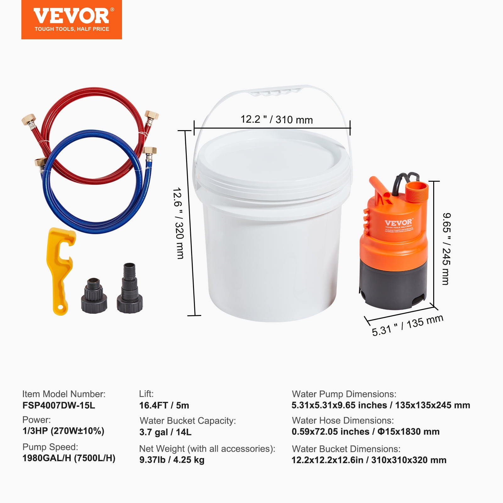 VEVOR Tankless Water Heater Flushing Kit, Includes Efficient Pump & 3.7 Gallon Pail & 2 Hoses, Wrench and Adapter for Quick Install, Easy to Start Water Heater Flush Descale Kit Anti-corrosion