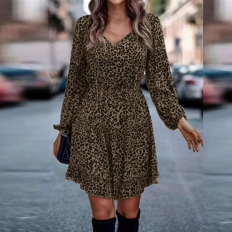 HIMIWAY Women Leopard Print Pattern Flare Dress Long Sleeve Ruffled Hem V Neck Dress Casual DressesPopular elements are cost effective and suitable for various occasions Leopard Print M Walmart