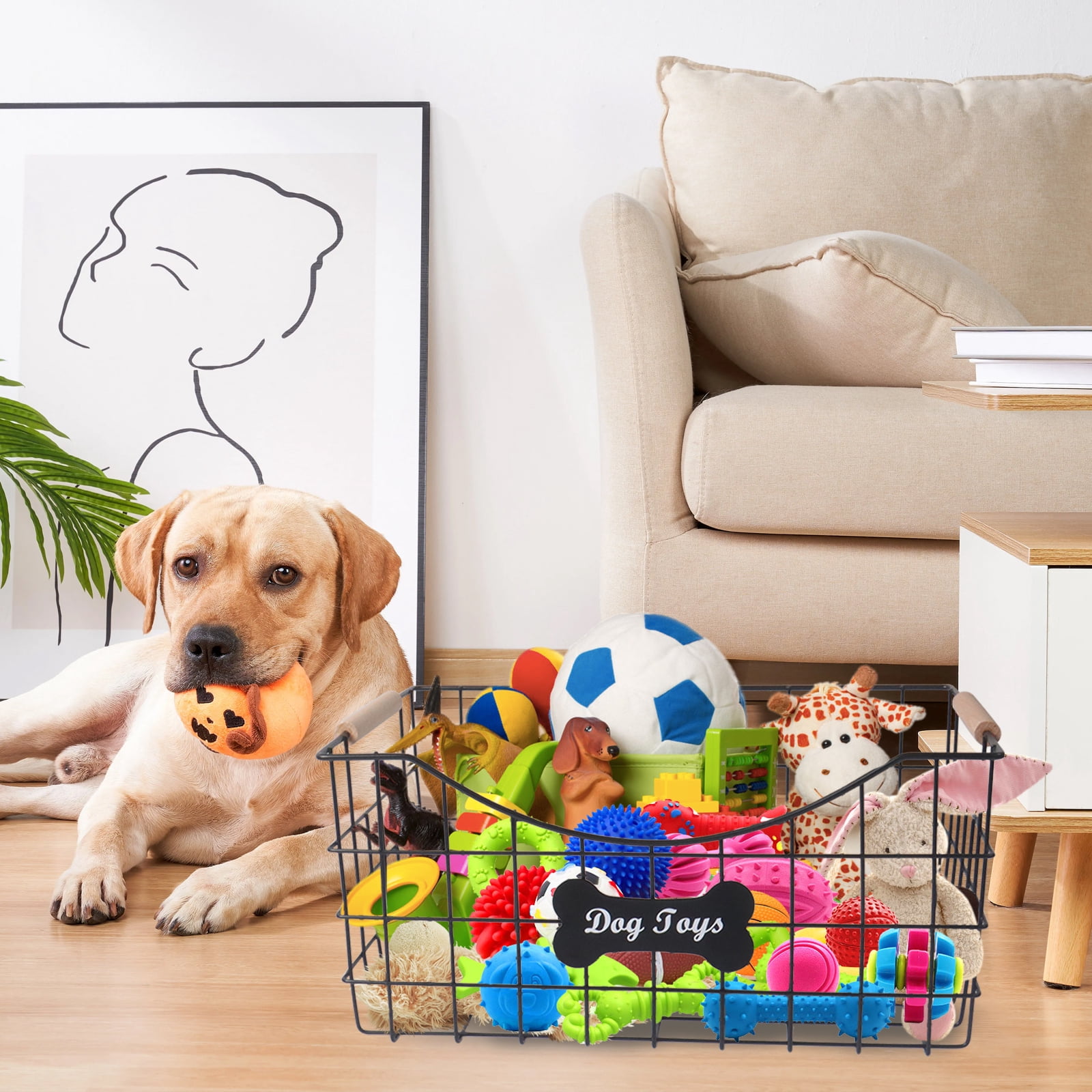 Brabtod Metal Wire Dog Toy Storage Basket - Rectangular Large-Capacity Organizer with Wooden Handles for Pet Toys, Treats, Leashes & Plushies