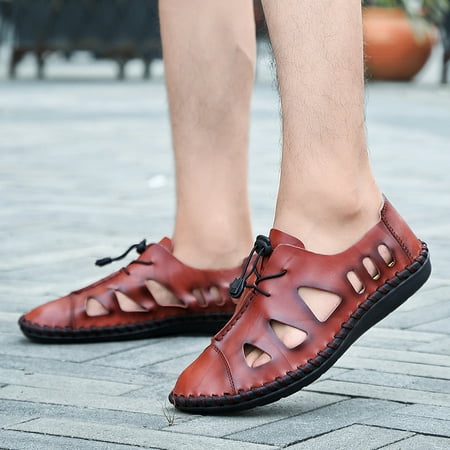 

Men‘s Handmade Stitching Leather Sandals Outdoor Casual Durable Summer Hollow Out Walking Shoes