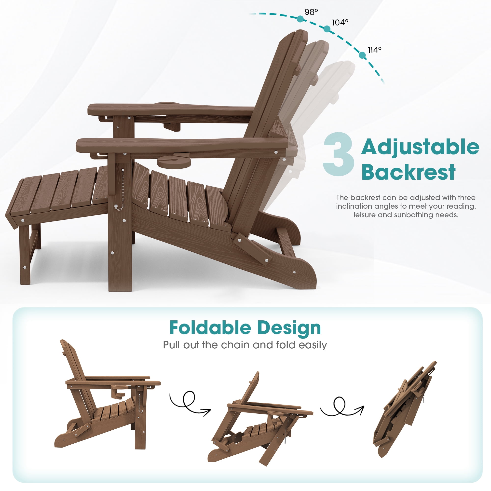 KINGYES Folding Adjustable Adirondack Chair with Retractable Ottoman Set of 2 for Patio Garden, Brown