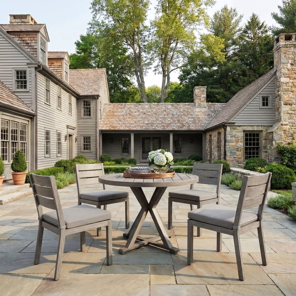Martha Stewart 5 Piece Aluminum Patio Set, 4 Stackable Dining Chairs with Gray Cushions, 36" Round Trestle Base Table, Gray Brushed Woodgrain Finish