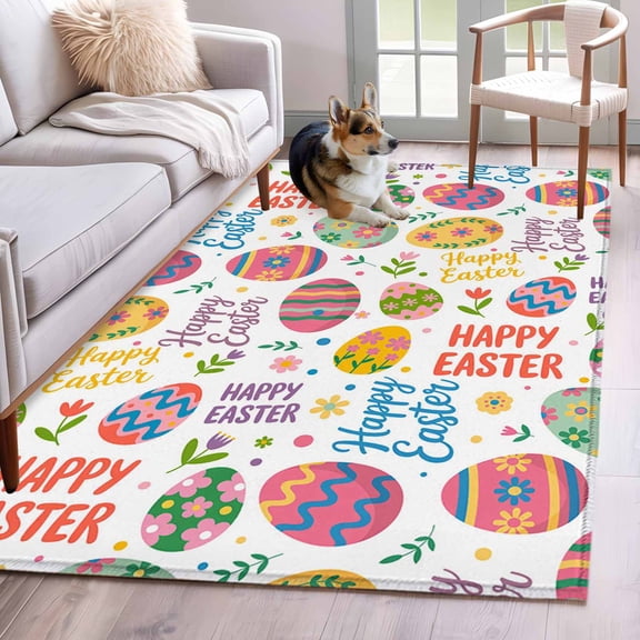 Area Rugs 2.7'x5', Happy Easter Carpet for Living Room Bedroom Dining Room, Spring Colorful Easter Eggs Floral Watercolor Throw Kitchen Rugs Non Slip Washable Rectangle Indoor Outdoor Rugs