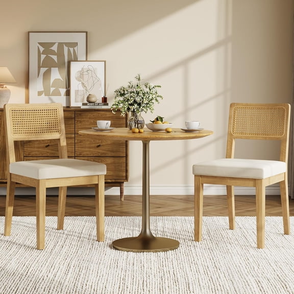 Rattan Dining Chairs Set of 2, French Country Upholstered Dining Chairs Wood Frame, Rattan Backrest, Armless Chair for Kitchen Restaurant Dining Room Bedroom, Linen, Natural