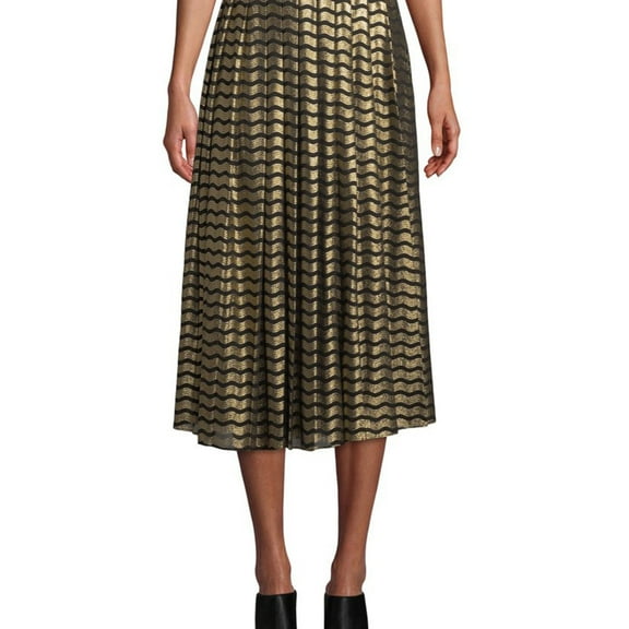 Michael Kors Womens Metallic Zig Zag Stripe Pleated Midi Skirt, Black, 16