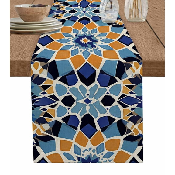 Morocco Orange Burlap Cotton Table Runner 13x72 Inches Long, Blue Boho Retro Flower Pattern Abstract Farmhouse Table Runners, Outdoor Dining Tablecloths Decor for Baby Shower/Party/Wedding