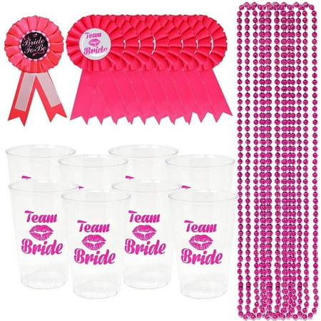 Joyin 33 Piece "Team Bride" Bachelorette Party Accessory Pack - Includes 8 Pink Bead Necklaces, 8 Team Bride Plastic Cups, 8 Team Bride Badges, and 1 Bride-To-Be Badge