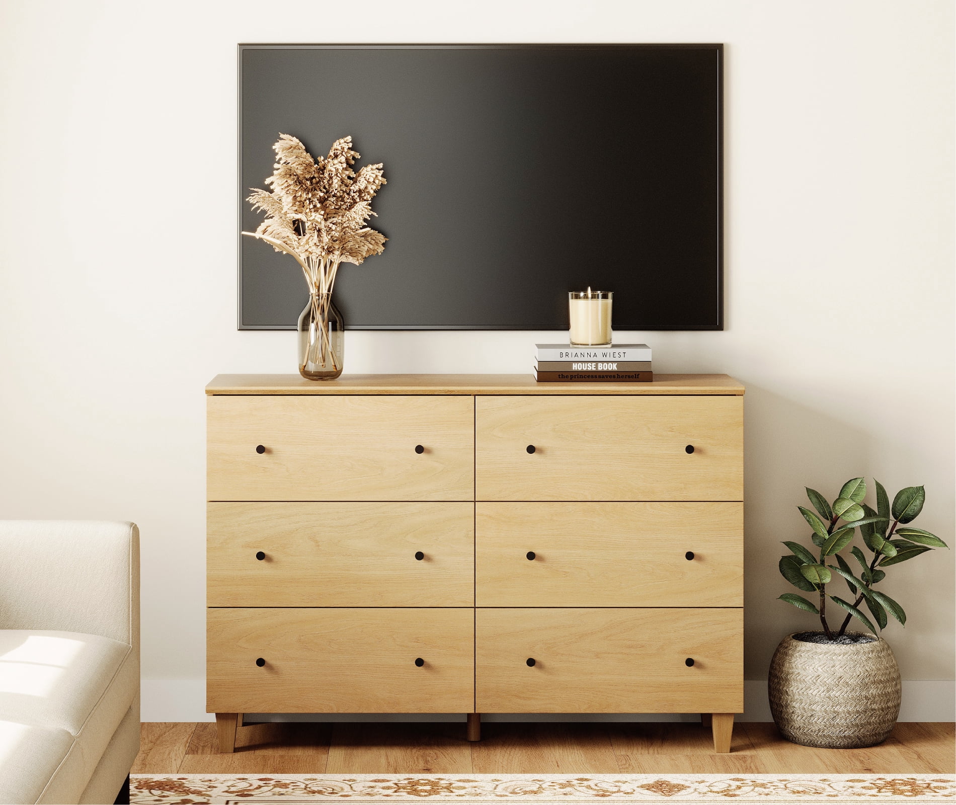 Modern 6-Drawer Double Dresser, Wood Chest of Drawers with Oak Wood Finish, 47.2" Wide
