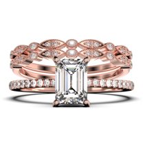 Art deco 2.00 Carat Emerald Cut Diamond Moissanite Engagement Ring Set, Wedding Ring in 10k Solid Rose Gold, Feminine Gift, Promise Ring, Anniversary Gift