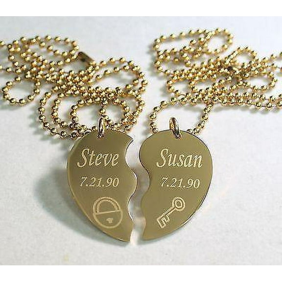 SPLIT HEART NECKLACE LOCK AND KEY STAINLESS STEEL GOLD ION PLATED FREE ENGRAVE
