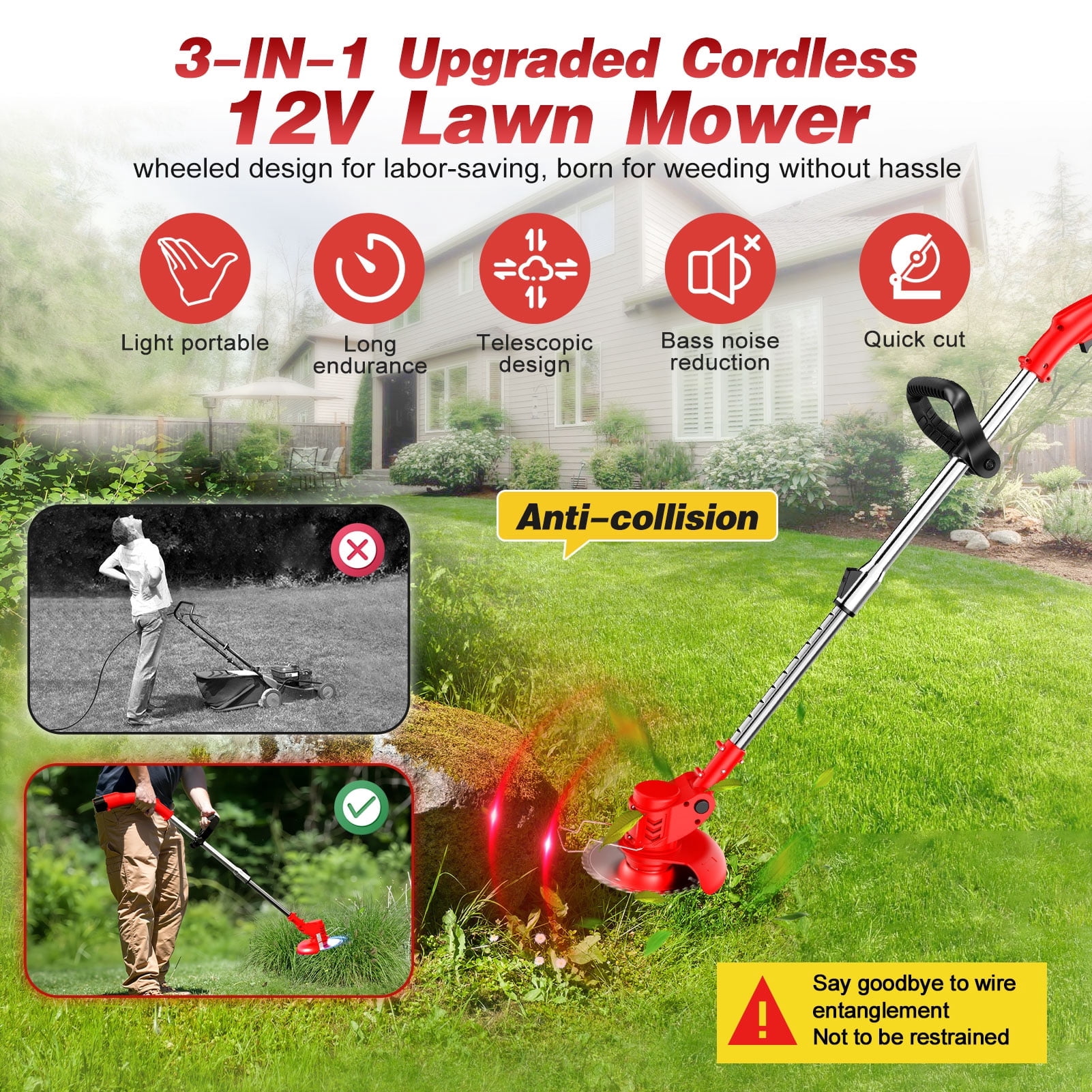 Cordless Weed Eaters, Electric Grass Trimmer & Edger, Tanbaby 6 inch 3-in-1 Weed Wacker Kit, 12V 2*1300mAh Battery Powered Weed Wacker for Trimming and Edging