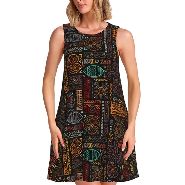 Easygdp Polynesian Turtles para Vestido Transpirable de Mujer, Vestido Suelto de Manga Corta con Pliegues y Bolsillos para el Verano