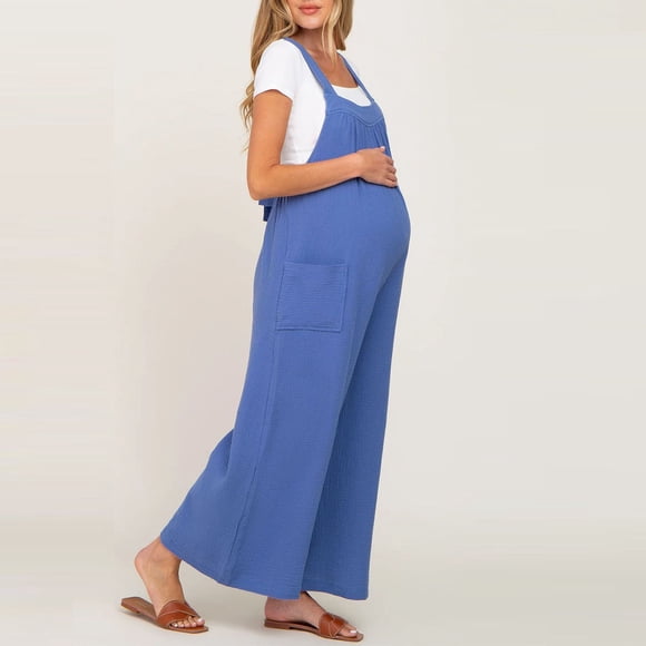 Joau Women's Maternity Bib Overalls Cotton Linen One Piece Jumpsuits Sleeveless Casual Loose Comfy Wide Leg Pants Romper Pregnant Clothes with Pockets