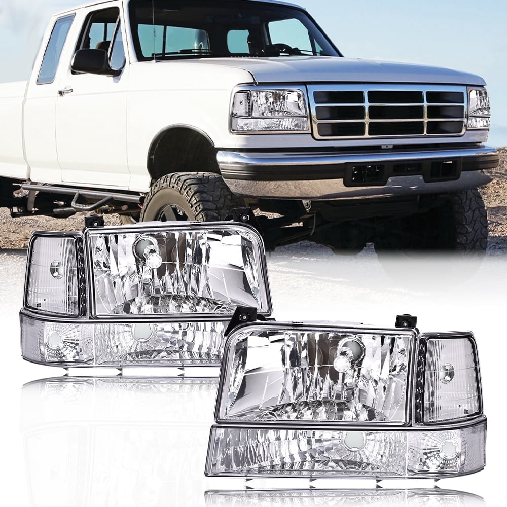 CROSSDESIGN Headlights w/Corner Signal Bumper Lamps Fit for 1992-1996 Ford F150 F250 F350 Bronco