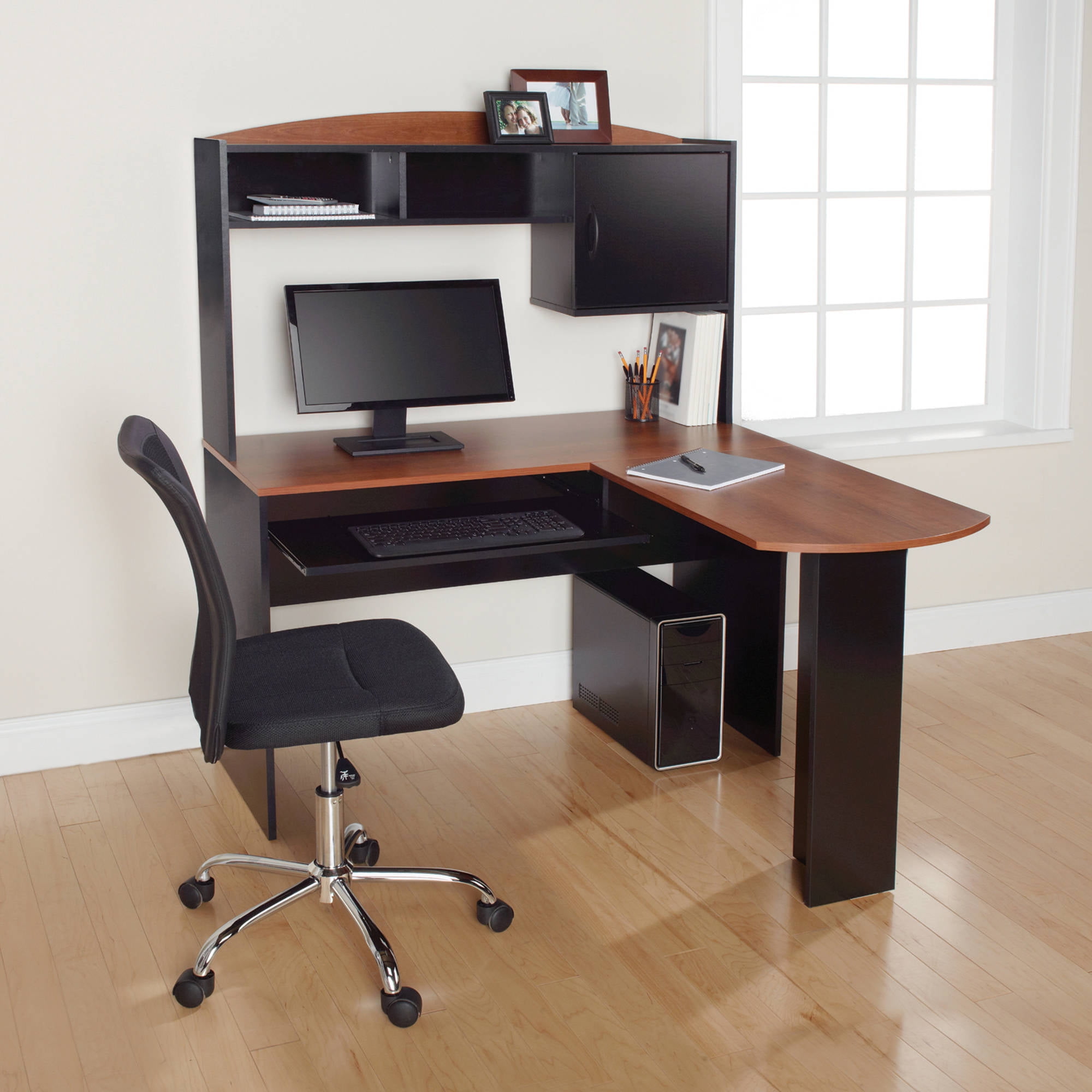 Mainstays L Shaped Desk With Hutch And Keyboard Tray Walmart Com