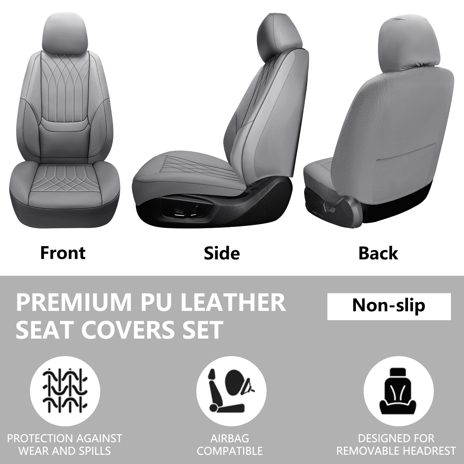 NS YOLO Premium Leather Car Seat Covers Front | Universal Car Seat Covers for Cars, Trucks & SUVs | Waterproof Front Seat Protectors, gray