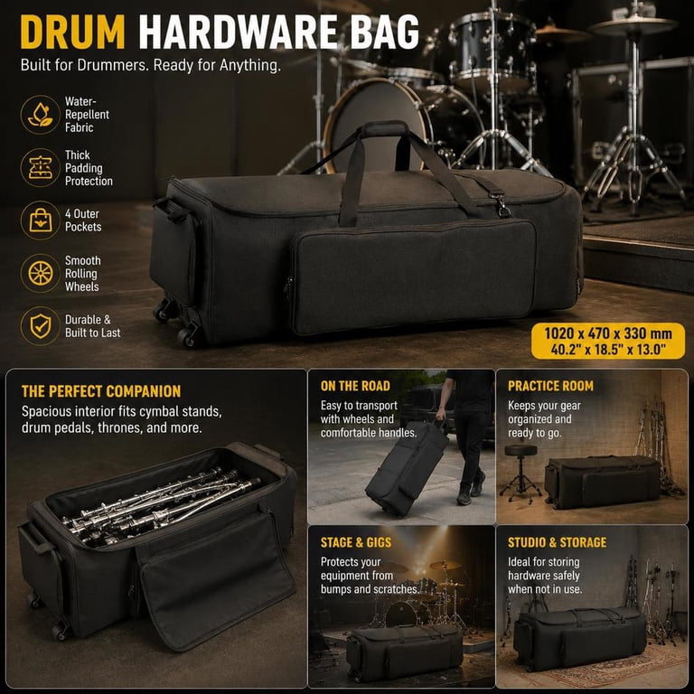 Drum Hardware Bag, with wheels, 1680D fabric, black, 4 pockets, sturdy ...