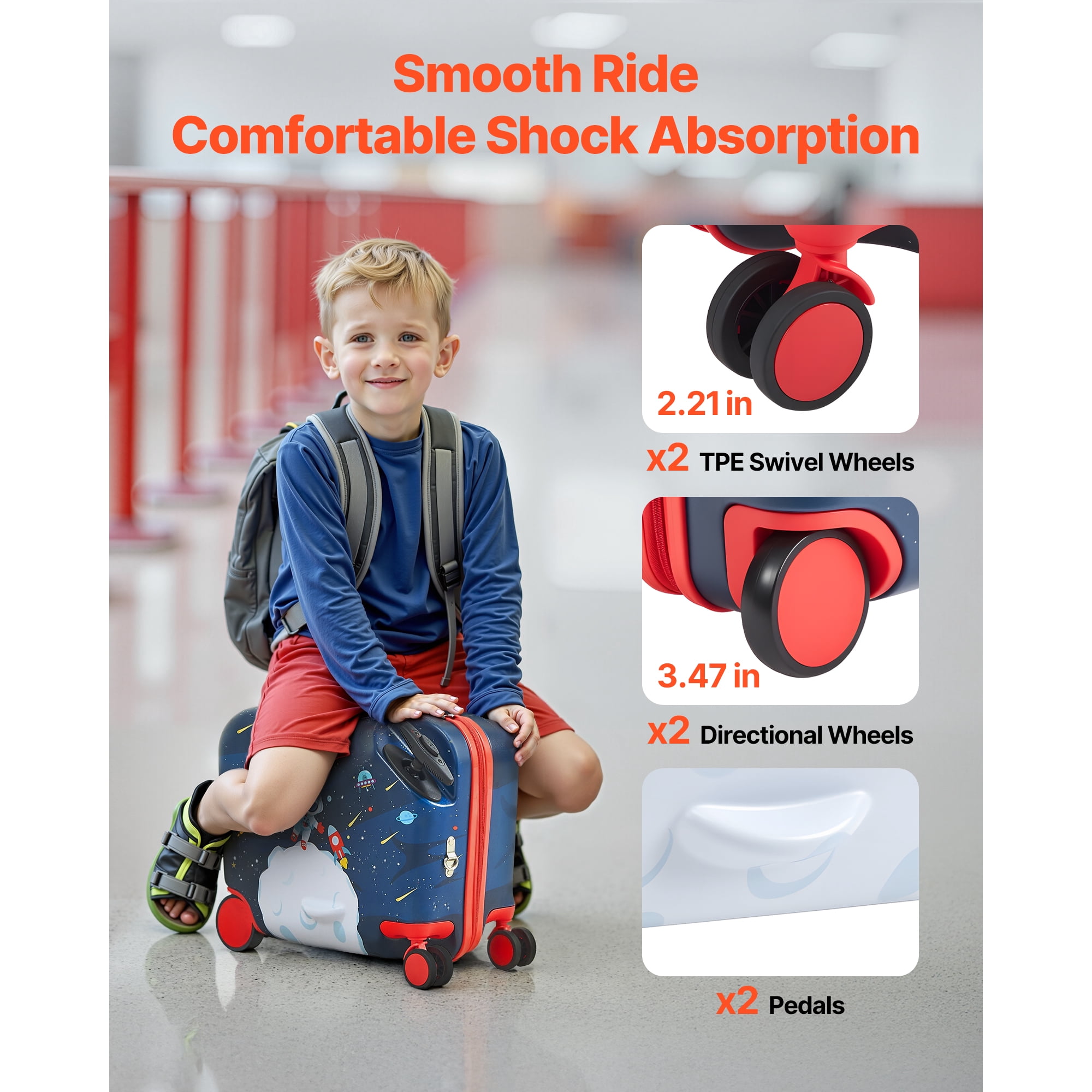 KFFKFF Ride-on Luggage, 26 L Capacity, 18-Inch Toddler Carry-On with Wheels, Adjustable Strap, Lightweight Kids Suitcase for Ages 3+, Blue & White