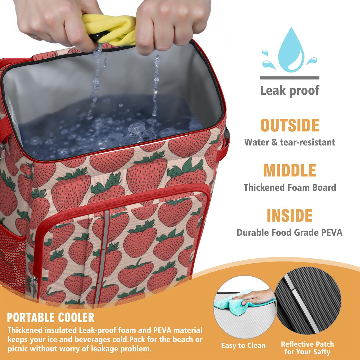 Travel Cooler Bag - Pink Strawberry Plants Fruit Camping Beer Cooler Backpack with Bottle Opener- Waterproof Insulated Picnic Backpacks - Cooler Bag for Beach