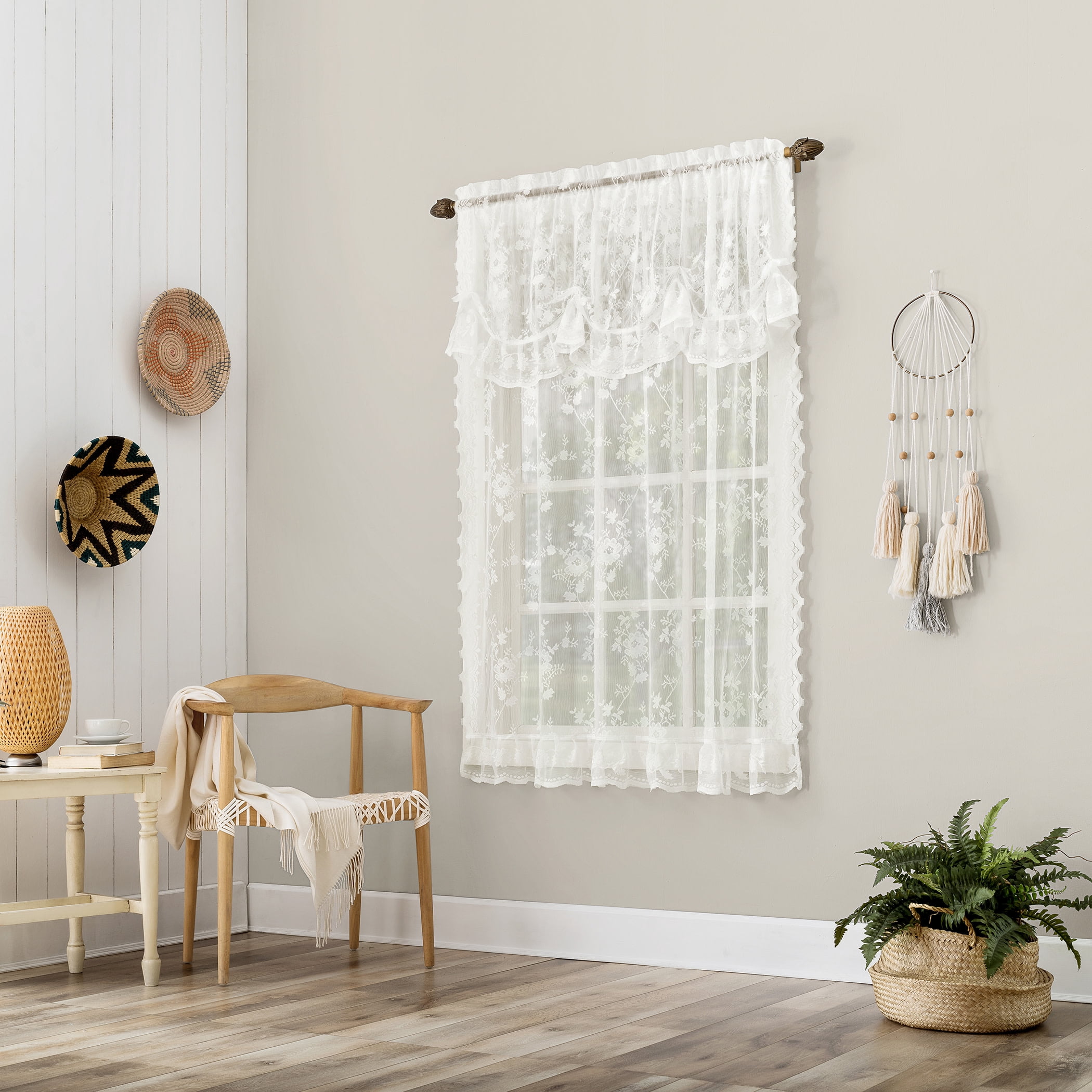 No. 918 Alison Floral Lace  Sheer Tie-up Shade, 1-Piece Rod Pocket Indoor Window Shade, 58”x64", Ivory