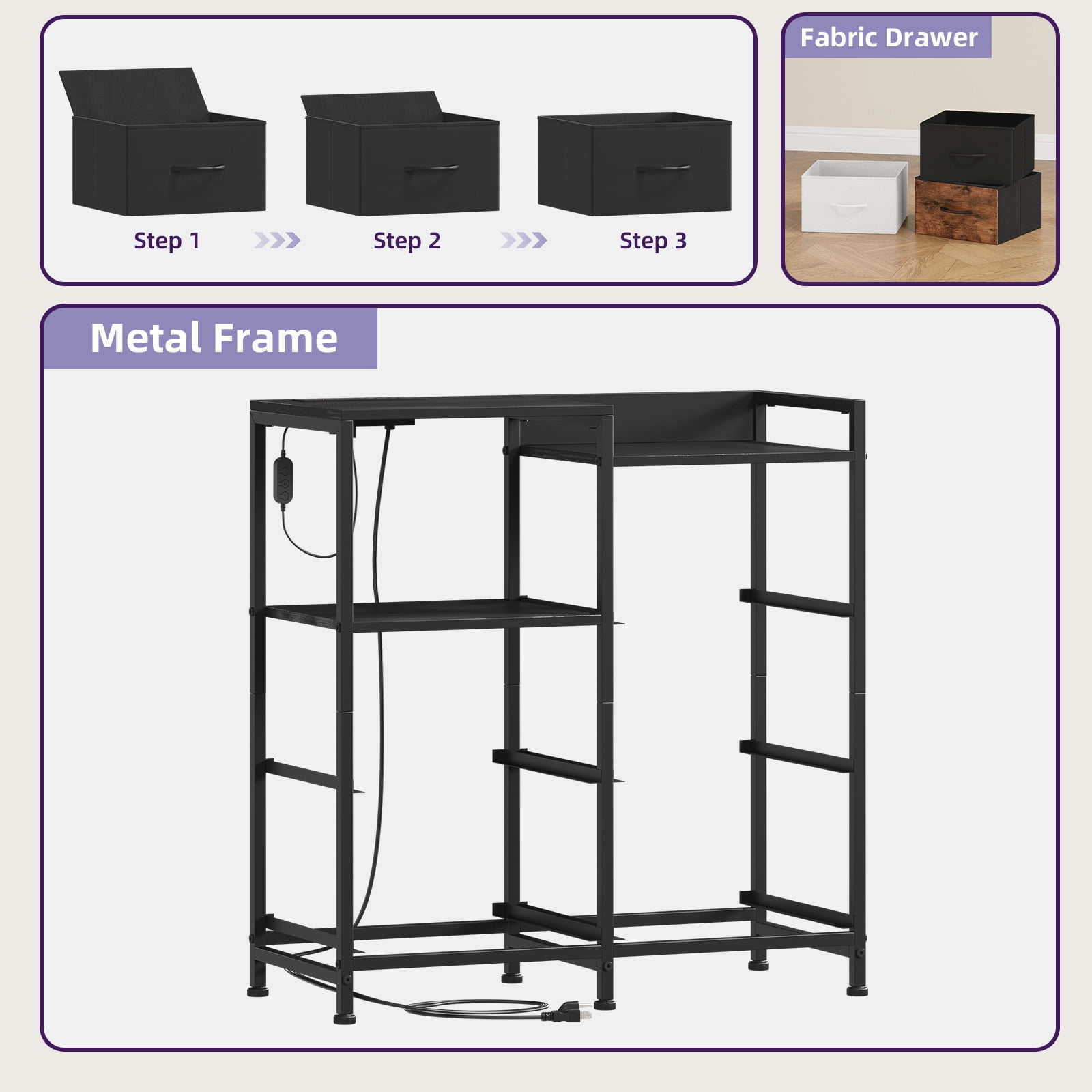 Eunos 5 Wide Black Drawers Dresser with Charging Station and Open Shelf for Bedroom Closet Dorm