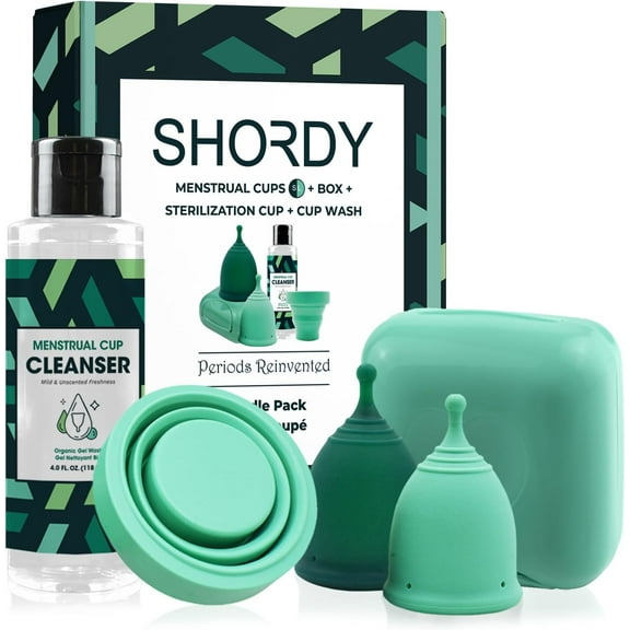 SHORDY Menstrual Cup Beginners Kit, Menstrual Cup PH Balanced Gel Cleaner Wash, Collapsible Sterilizer Cup and Silicone Period Cups (Small & Large)