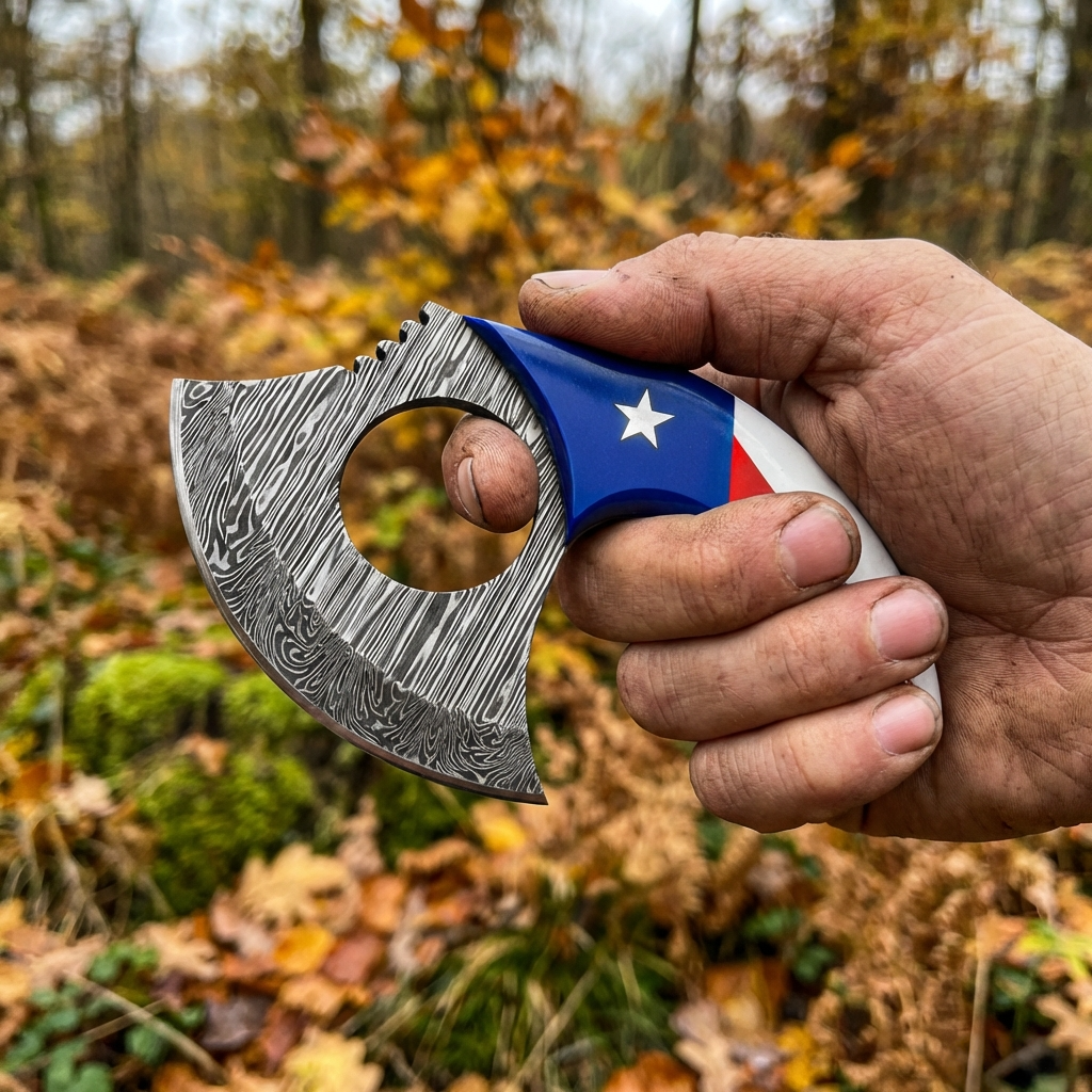 Hercules Knives Damascus Steel Ulu Knife, Fixed Blade Skinner Hunting Knife with Leather Sheath Texas Flag Resin Handle