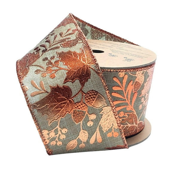 LaRibbons 2 1/2" Wired Ribbon | "Metallic Leaf" Natural/Copper | 10 Yard Roll