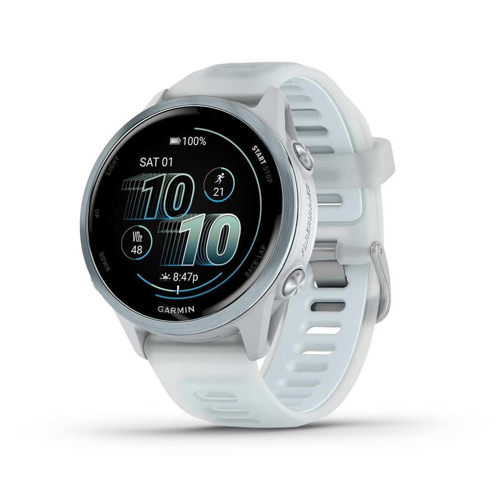 Garmin 010-02970-01 Forerunner 570 42mm GPS Smartwatch, Aluminum and Whitestone/Blue Band Bundle with Deco Essentials Charging Dock, 3x Silicone Dust Cover and 2x 1.2 Inch Screen Protector