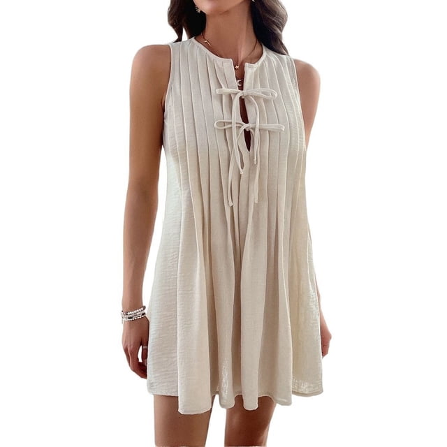 Robe Mini à Nouer devant pour Femmes Été Sans Manches Plissée Décontractée Ample Style Babydoll Abricot P