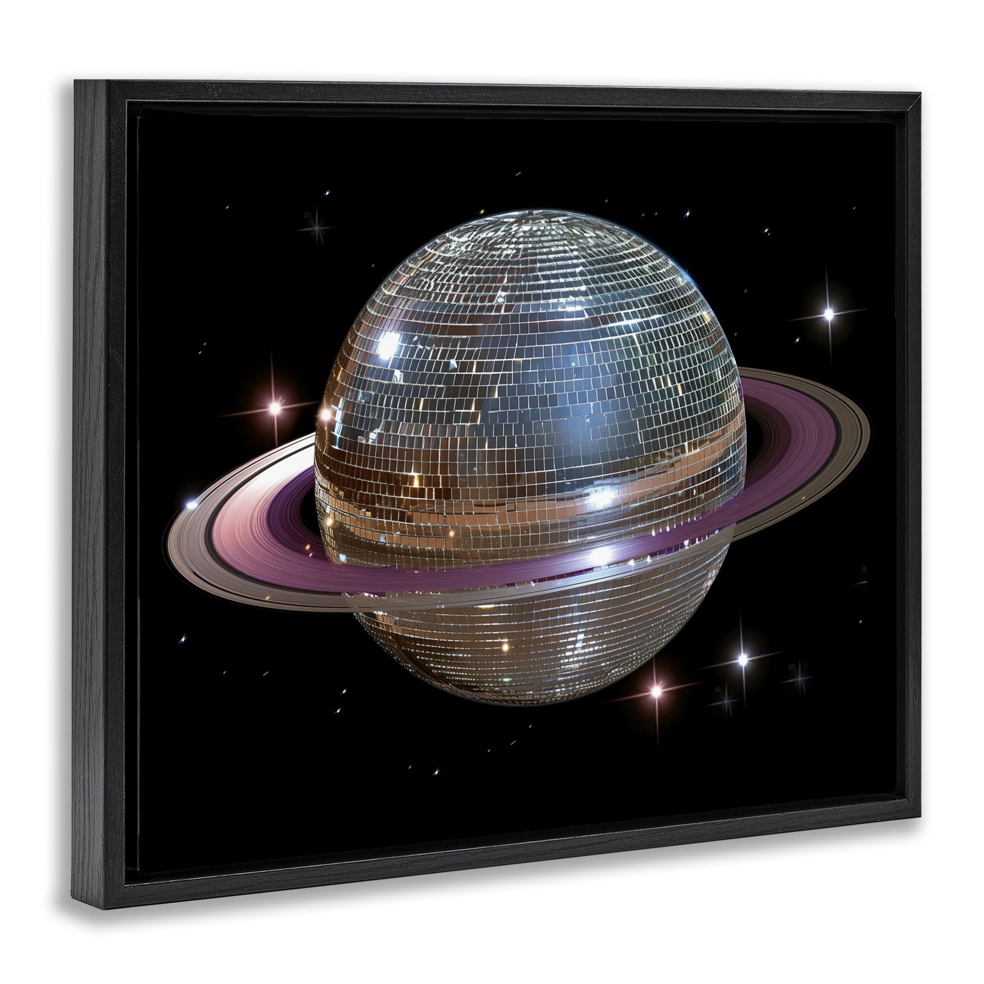 Purple Disco Ball Planet Black Framed Floater Canvas Wall Art, design by Decent Exposures